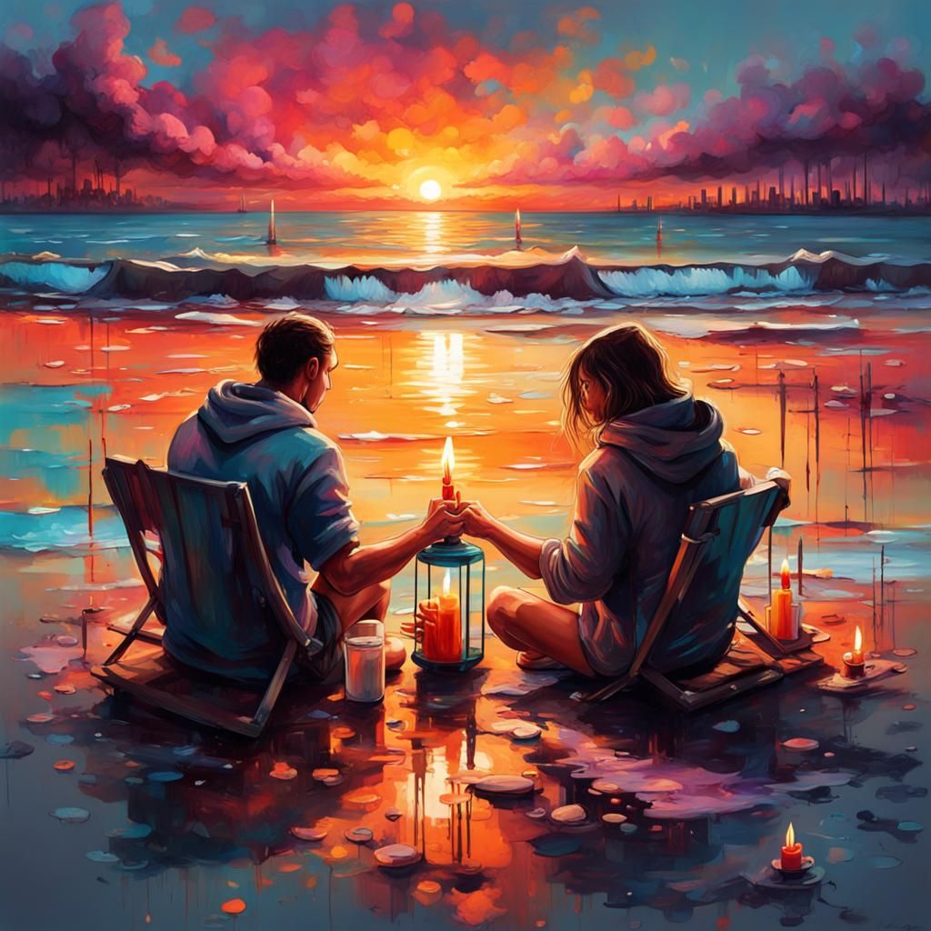 Romantic Beach Sunset Dinner in Graffiti Art Style