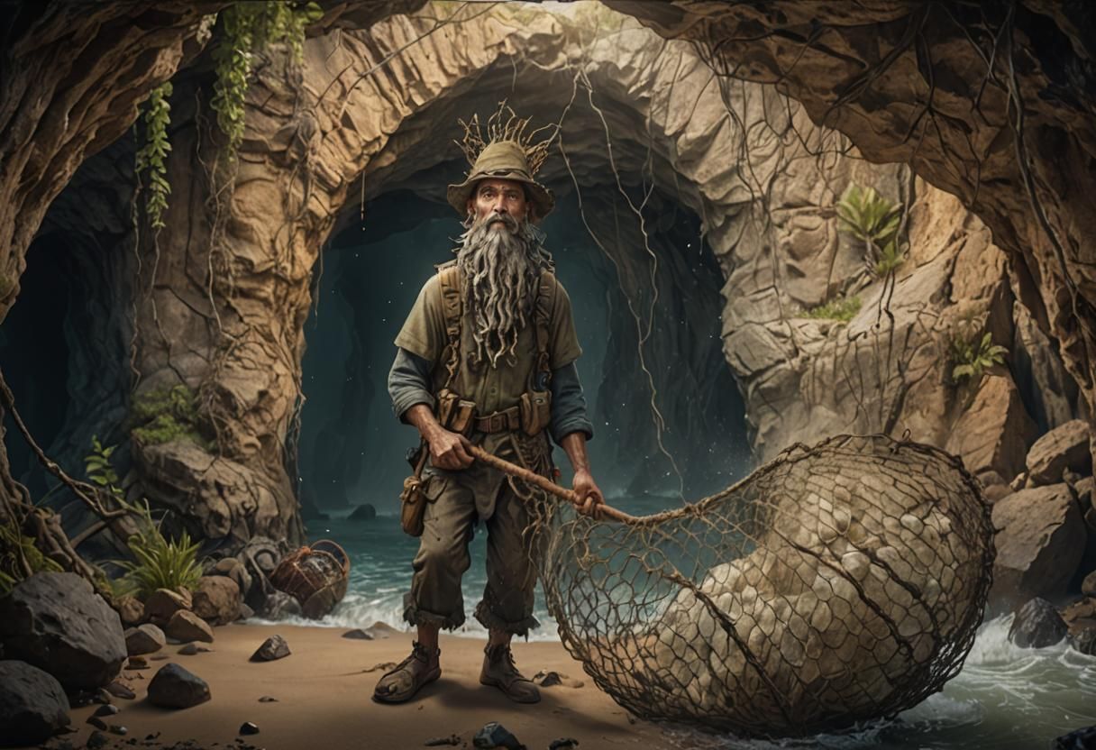 Fisherman Exiting Cave: Detailed Fantasy Matte Painting