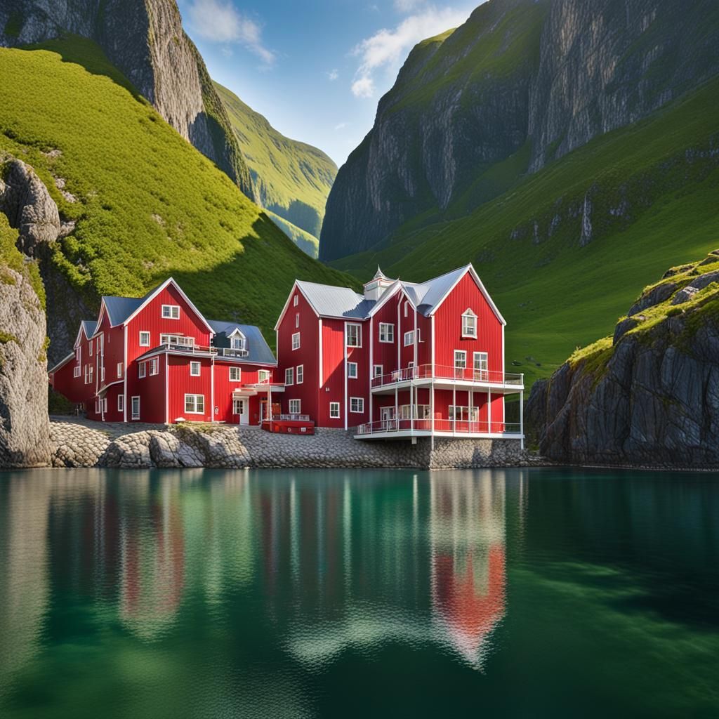 Picturesque Fjord Landscape with Car and Building