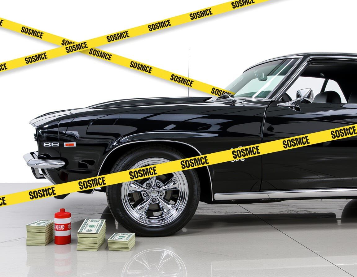 Modern Garage Scene with Muscle Car and Police Tape