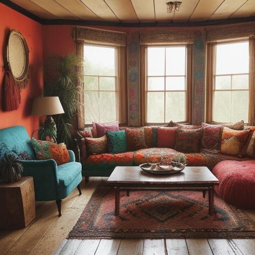 boho interior design with red accents