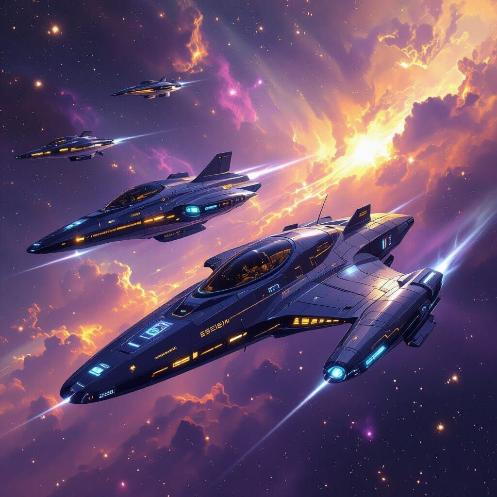Futuristic Starships Soaring Through a Nebula