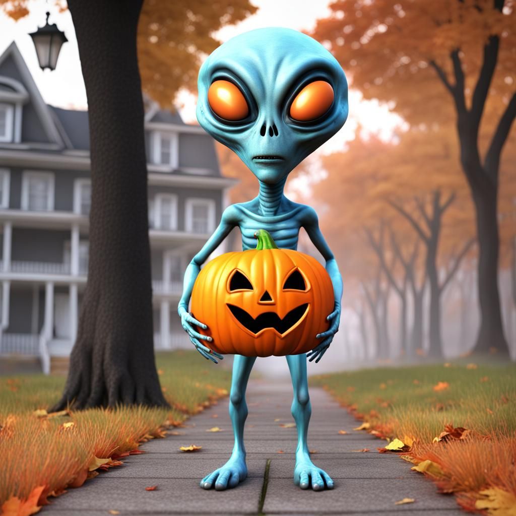 Scary 3D Alien on Autumn Sidewalk
