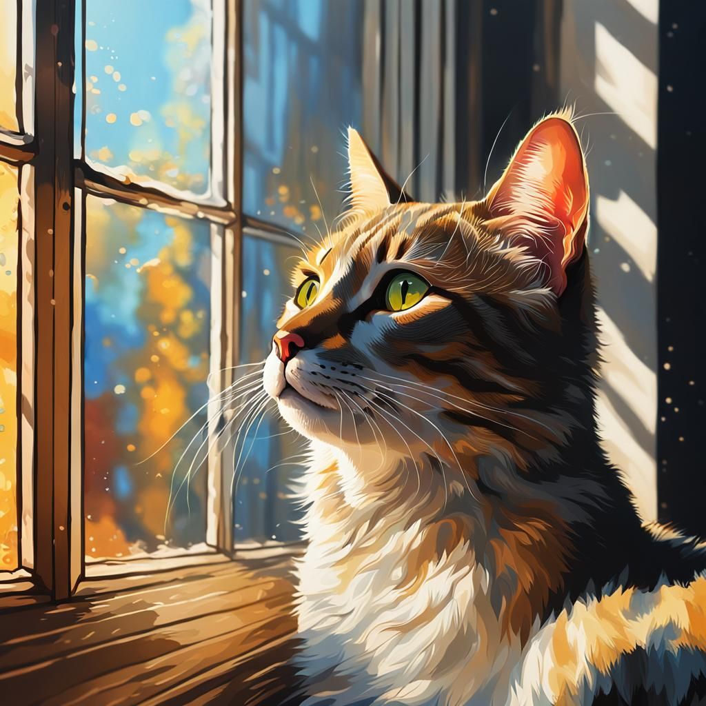 Backlit Cat at Window: Hyperrealistic Splash Art