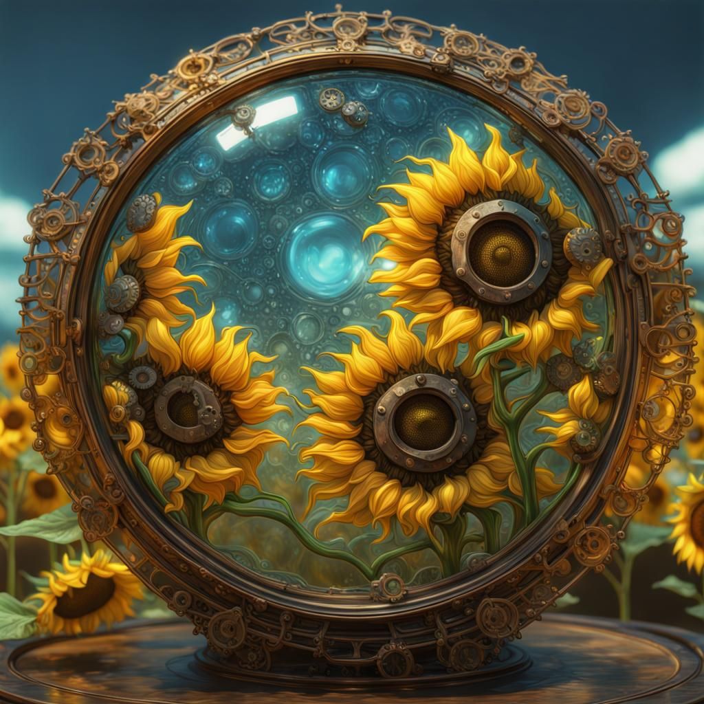 Steampunk Sunflower in Glass, Van Gogh Style