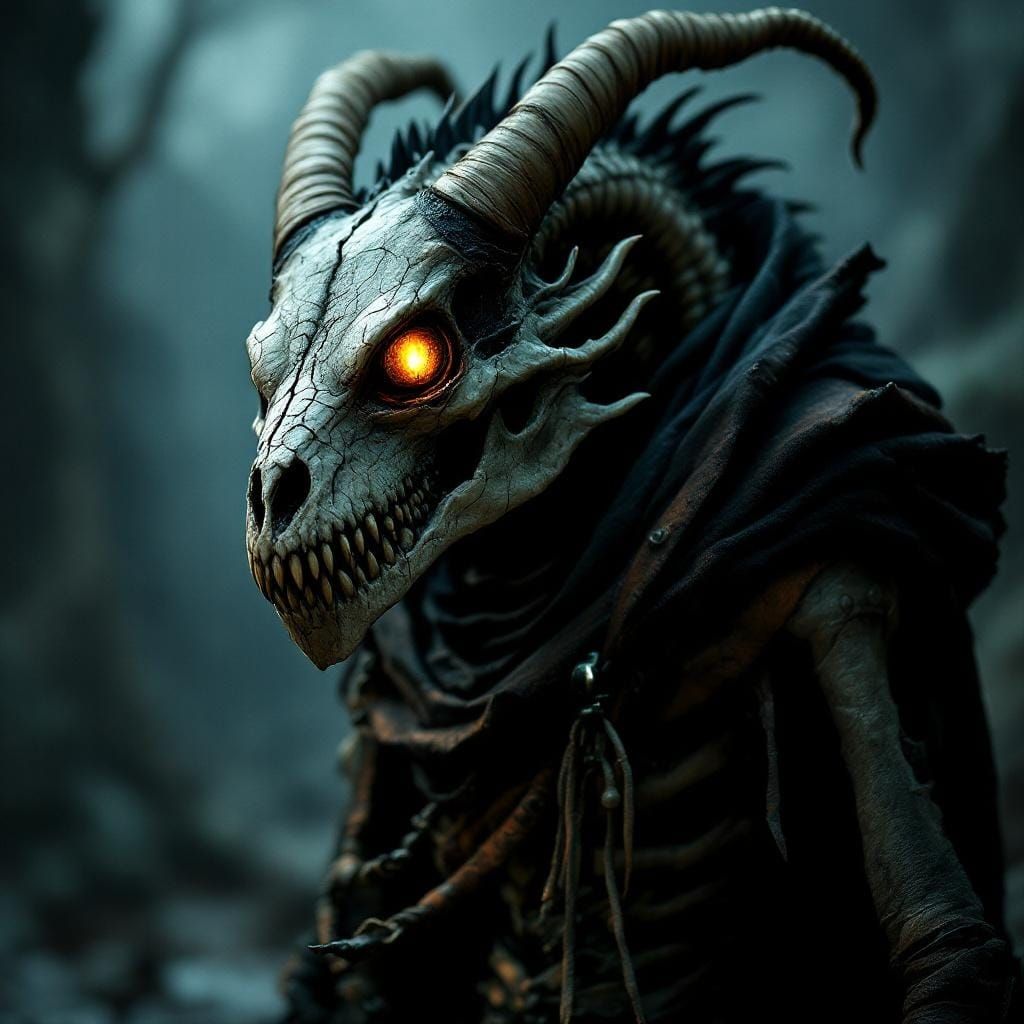 Skeletal Dragon with Glowing Eyes in Dark Fantasy Style