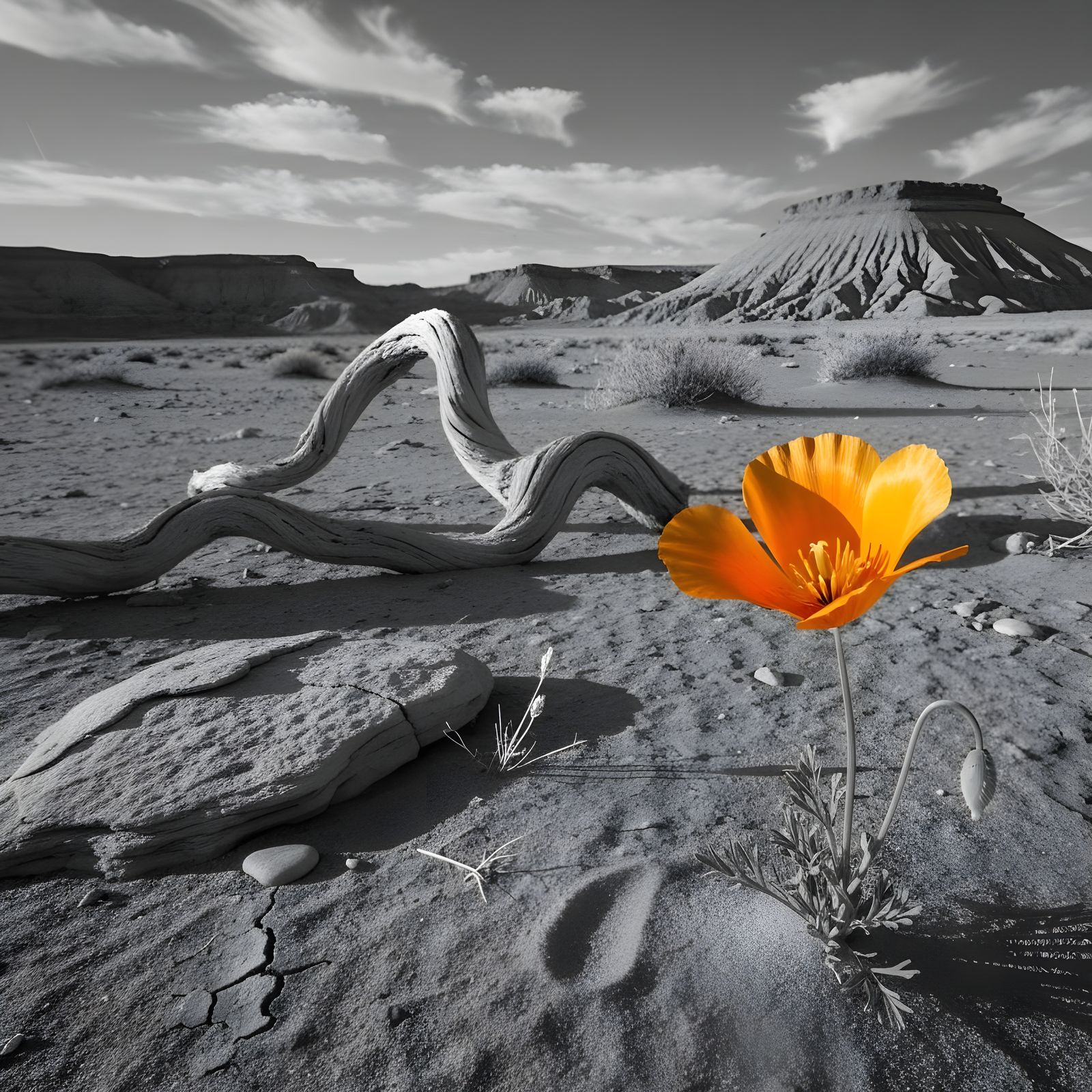 Vibrant Orange Poppy in Monochromatic Desert Landscape
