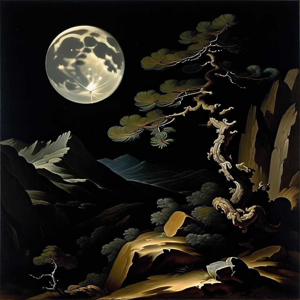 Tenebrist Pine on Mountain Ridge at Night