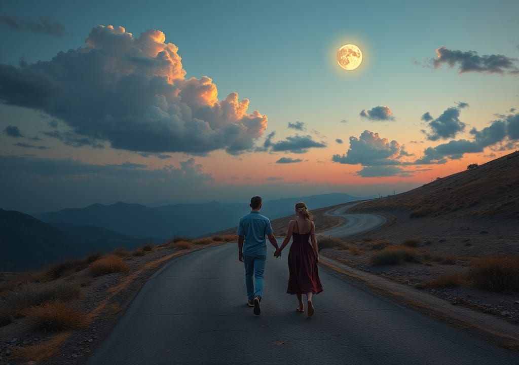 Romantic Couple Walking at Dusk Under Dreamy Sky