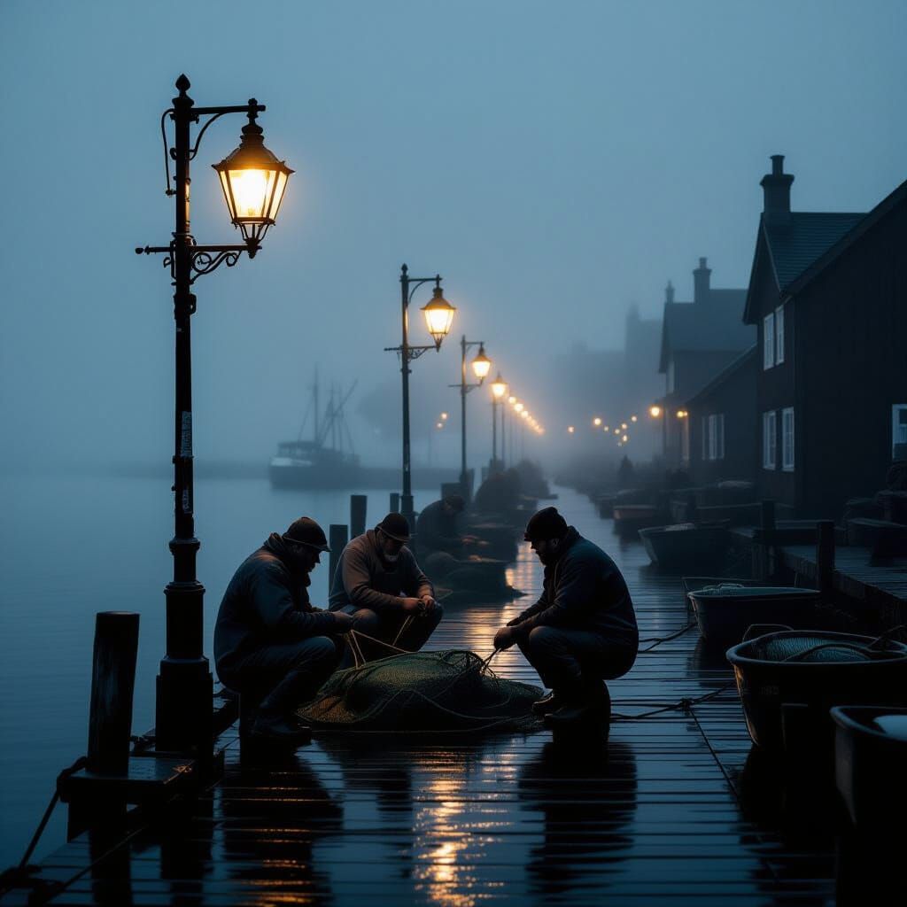 Grizzled Fishermen Mending Nets in Foggy Village