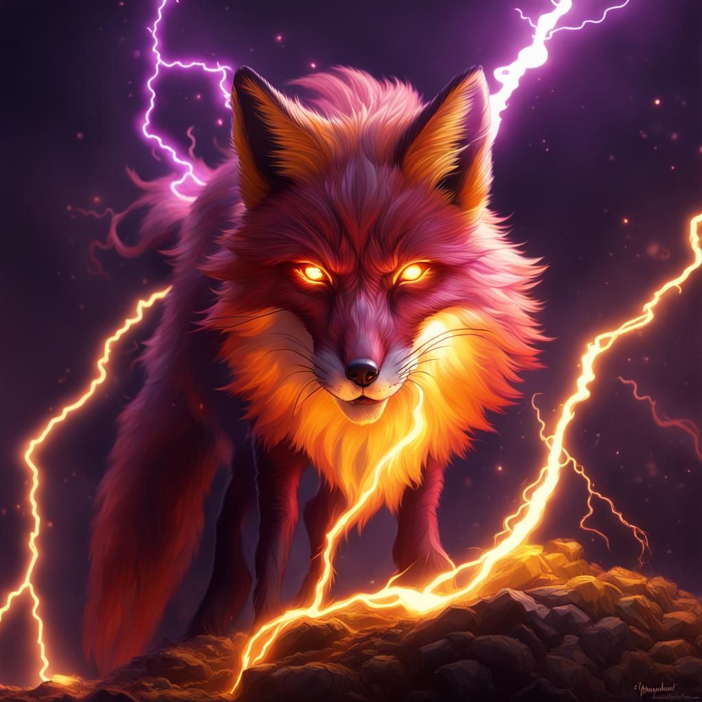 Fox in Crimson Lightning, Dark Fantasy Art