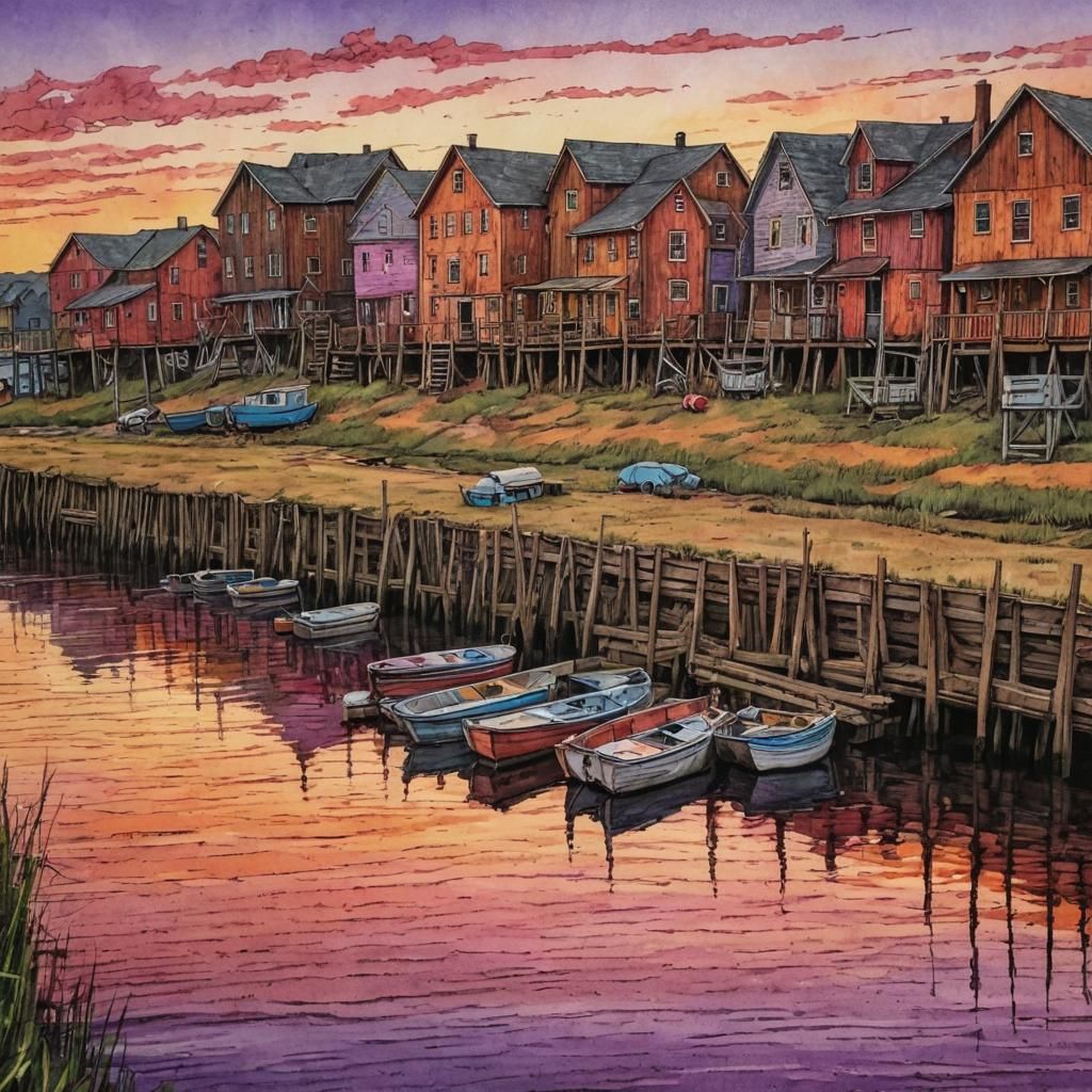 Sunset Riverfront Buildings in Impasto Cardboard Style