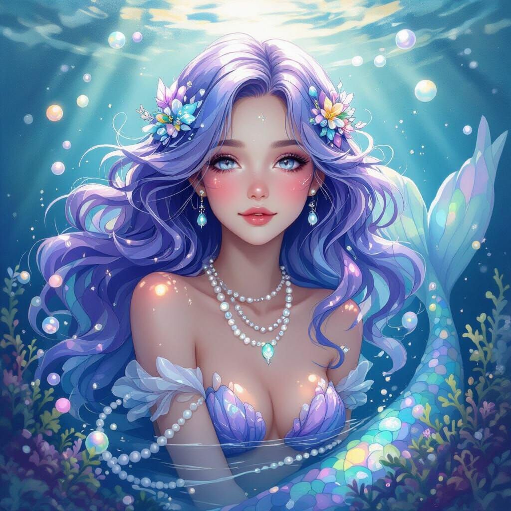 Opal Mermaid Portrait in Dreamy Watercolor Style