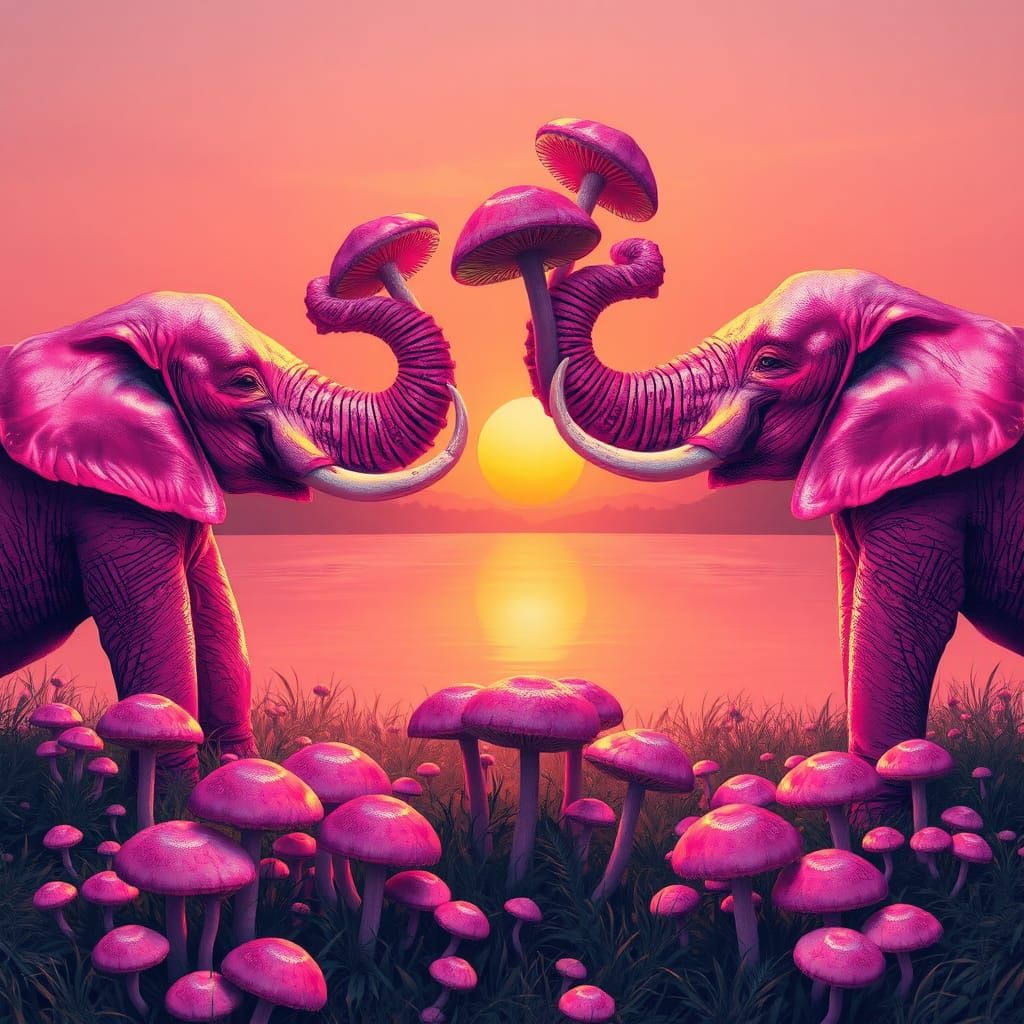 Pink Elephants Juggling Mushrooms in Surreal Sunset