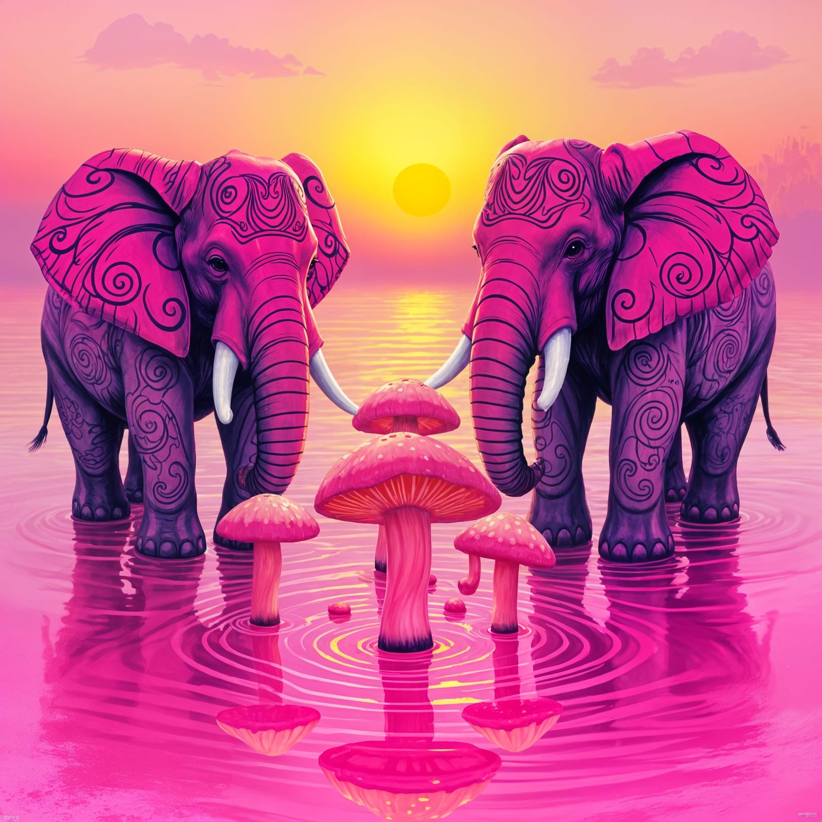 Pink Elephants Juggling Mushrooms in Graffiti Art