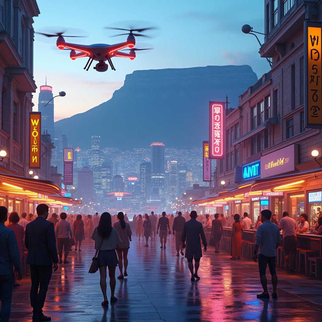 Futuristic Cape Town Cityscape with Neon Drones
