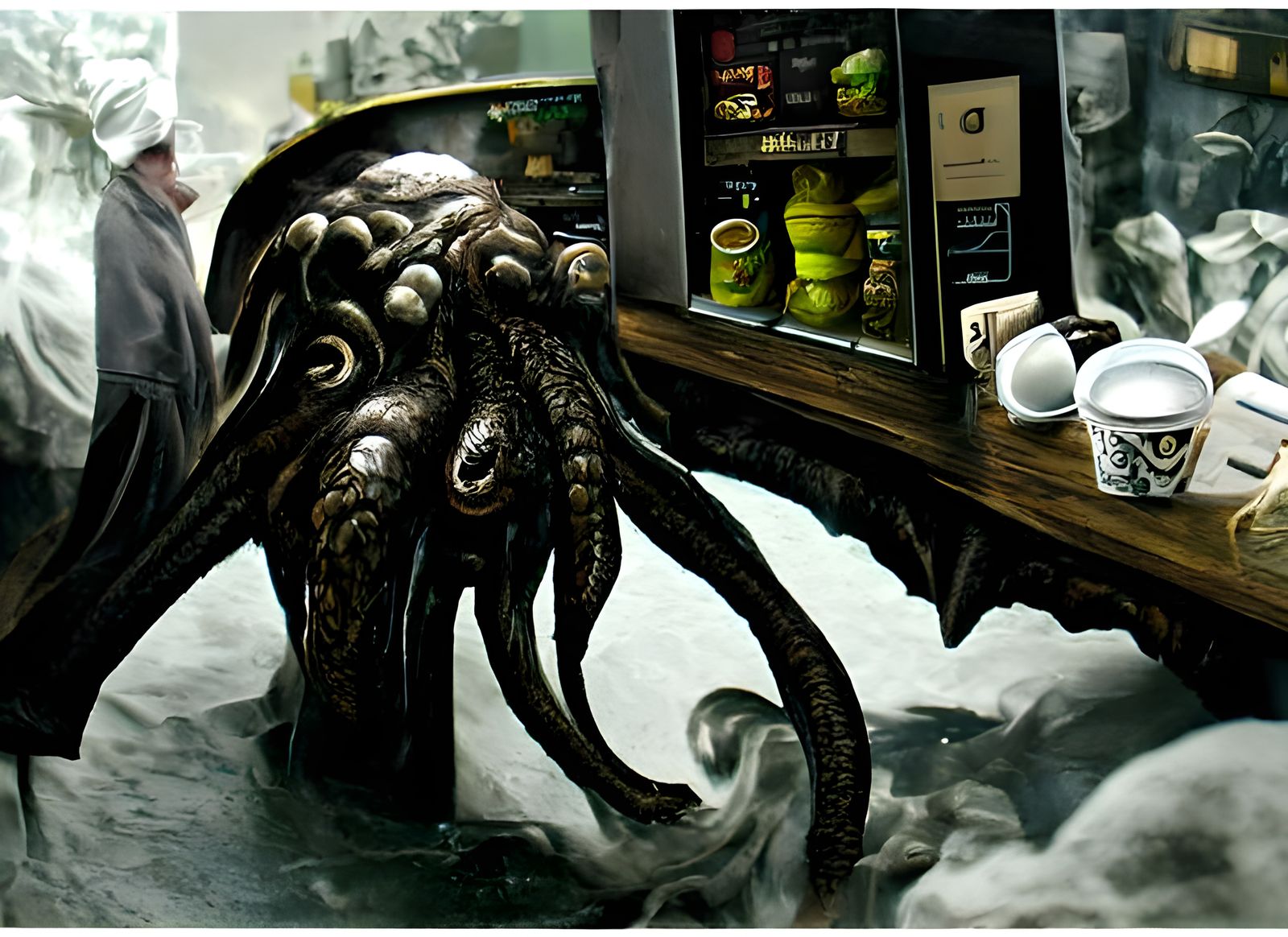 Cthulhu as Barista in Cozy Coffee Shop