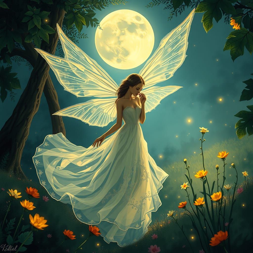 Whimsical Moonlit Goddess in a Dreamy Gouache-Inspired Garde...