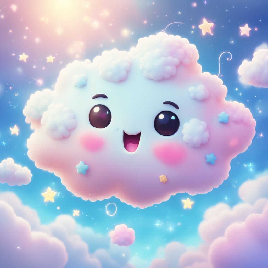Happy Kawaii Cloud Floating in a Blue Sky