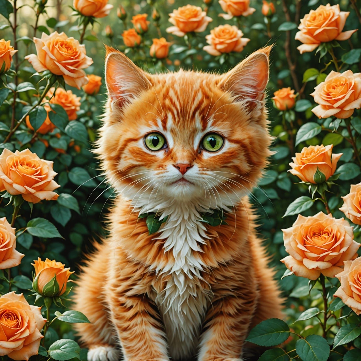 Whimsical Orange Kitten Among Vibrant Roses