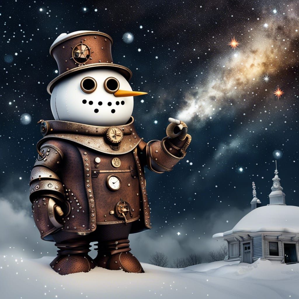 Steampunk Snowman Under Galaxy Sky at Night