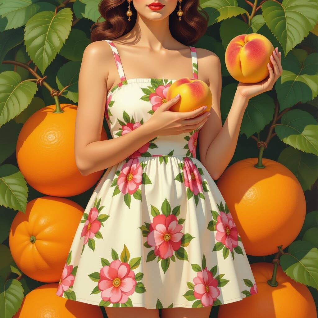 Woman with Peach and Melons in Whimsical Style
