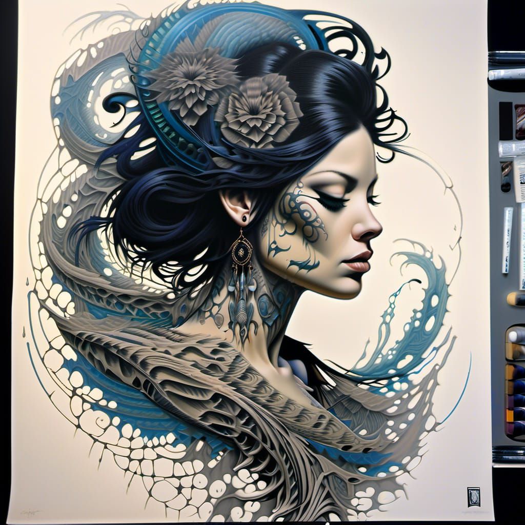 beautiful woman, tattoo, Black ink flow