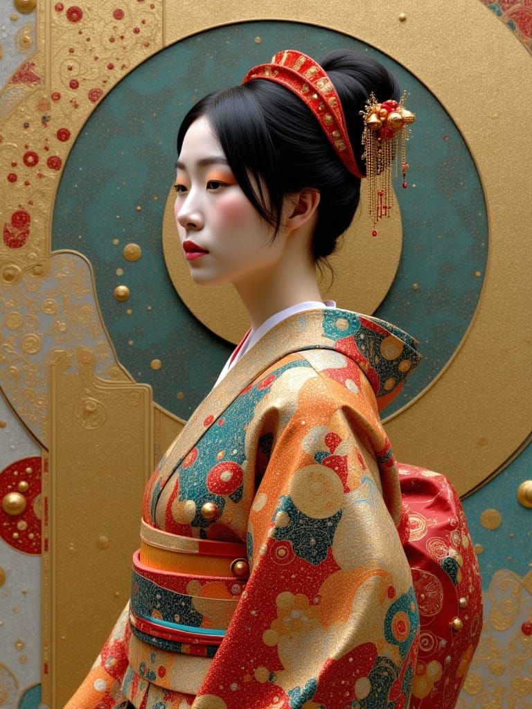 Photorealistic Woman in Brightly Colored Traditional Japanes...