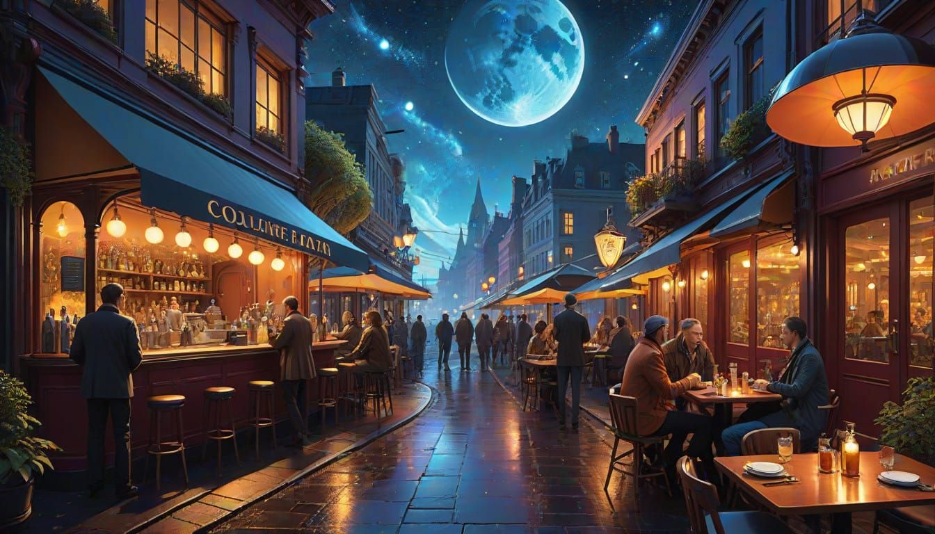 Whimsical NightCafe Scene in a Vibrant, Swirling Night Sky
