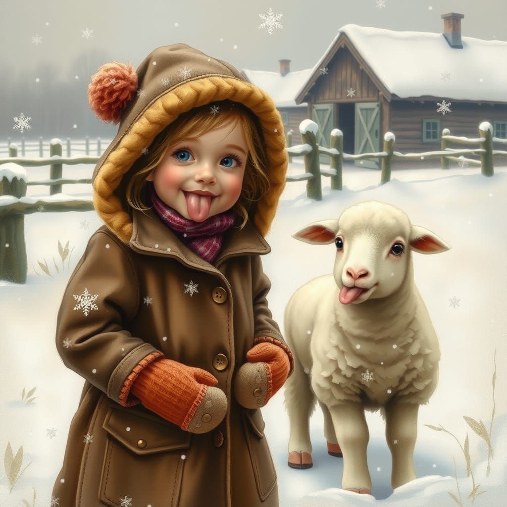 Girl and Lamb in Snowy Farmyard, Oil Painting