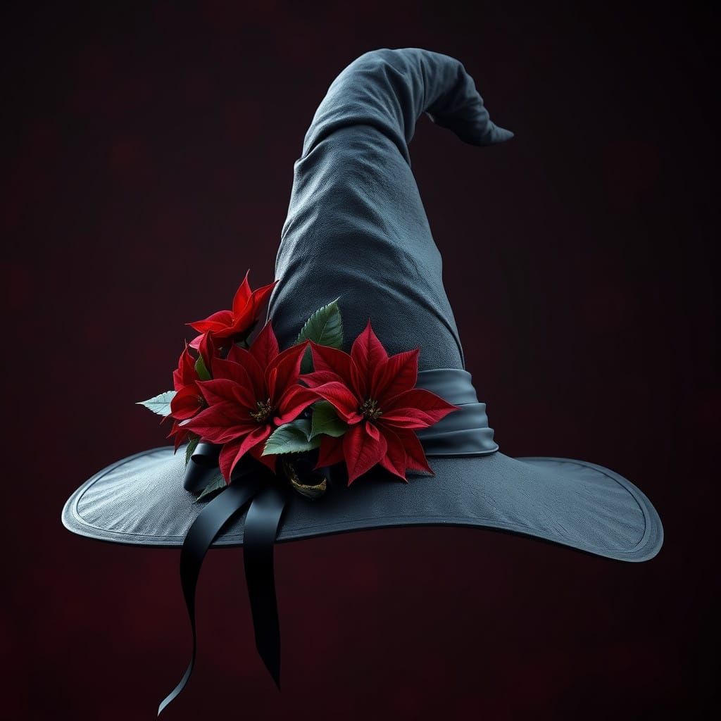 Fantasy Witch Hat with Poinsettias and Ribbon