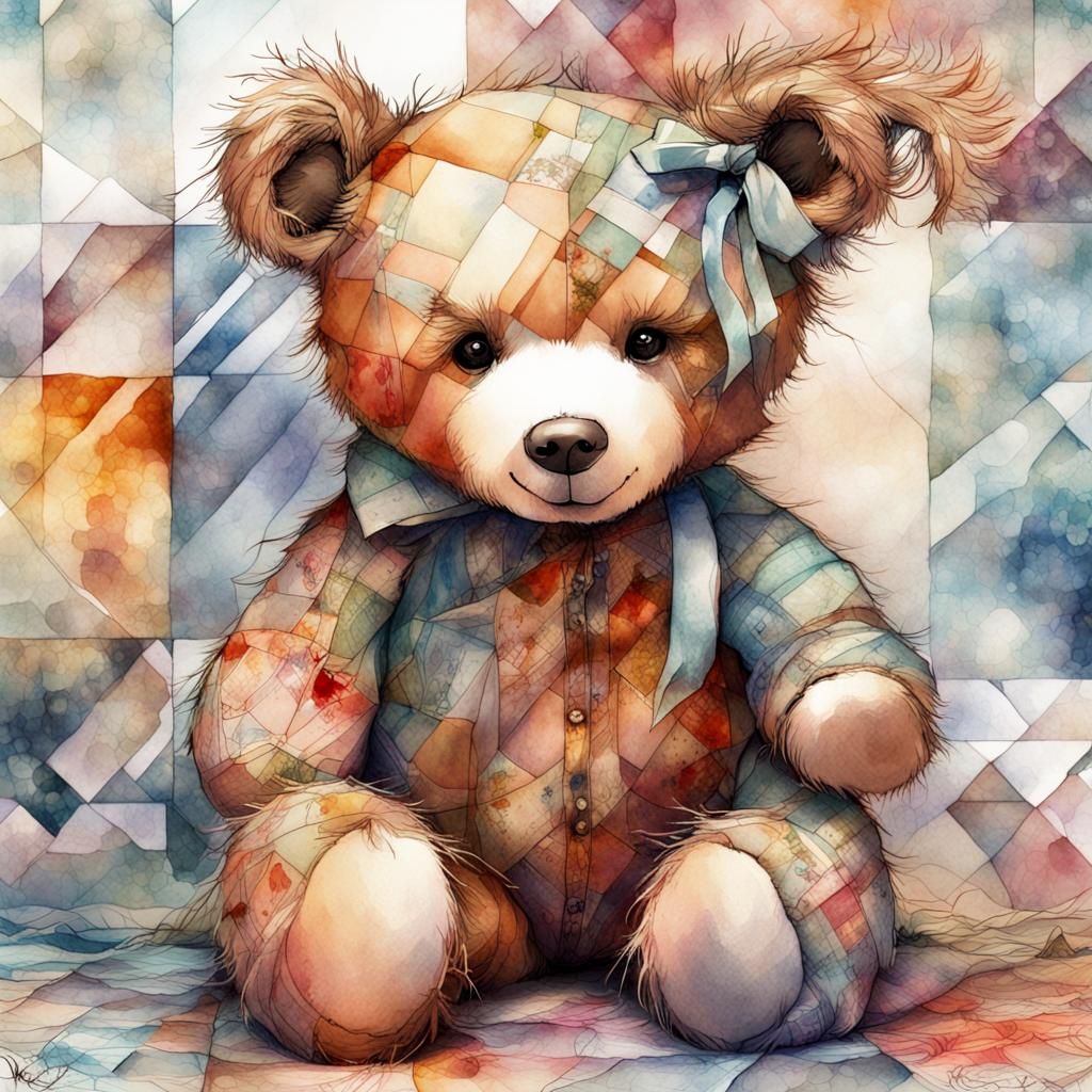 Patchwork Teddy On A Patchwork Quilt
