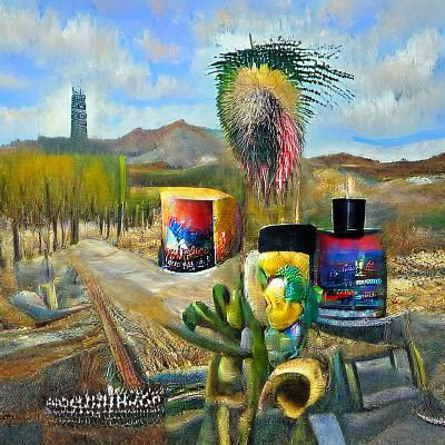 A quiet morning in the South California desert with ocotillos and bird of paradise and barrel cactus. neo-impressionism ...