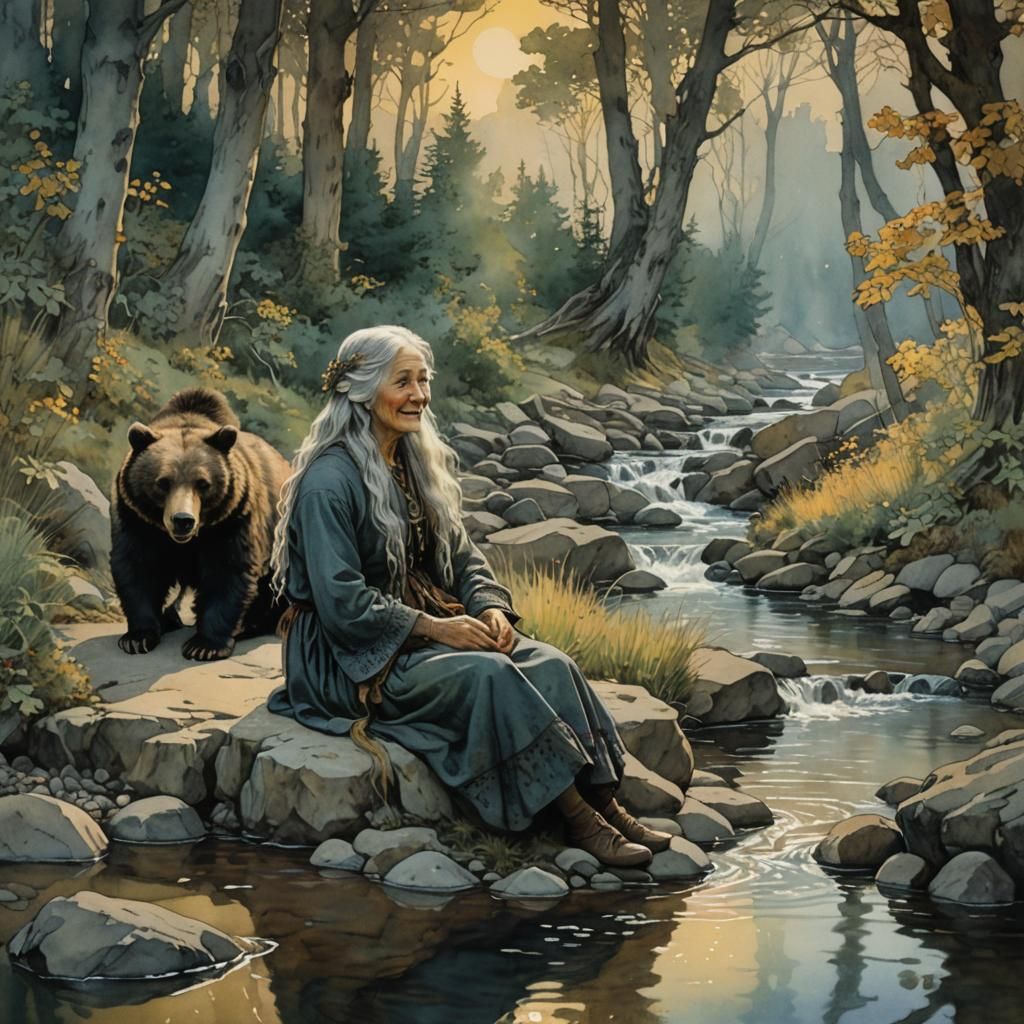 Smiling Hag and Bear by Stream in Watercolor Style