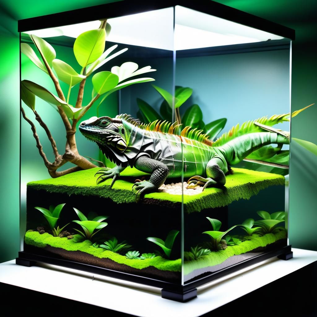 Terrarium with a green iguana