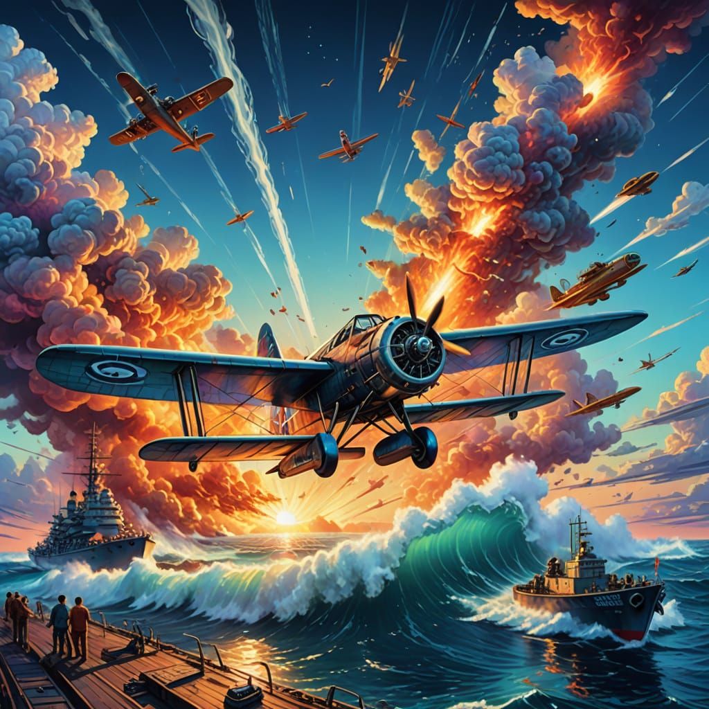 Surreal Vintage Biplane Lands on Aircraft Carrier in Cosmic ...