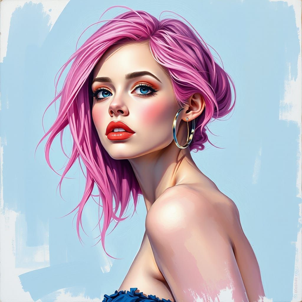 Pink-Haired Woman: Impasto Gouache Masterpiece