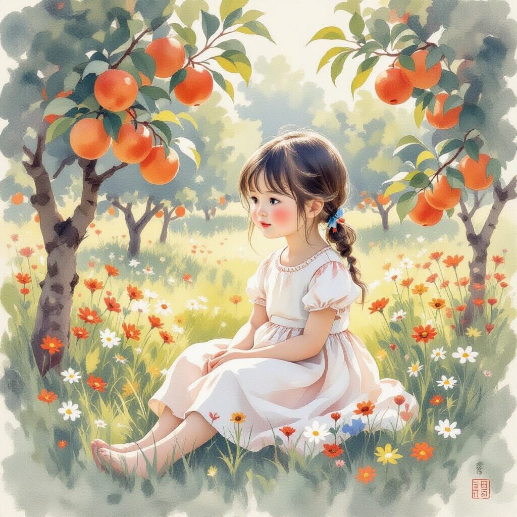 Ethereal Watercolor of Girl in Apple Grove