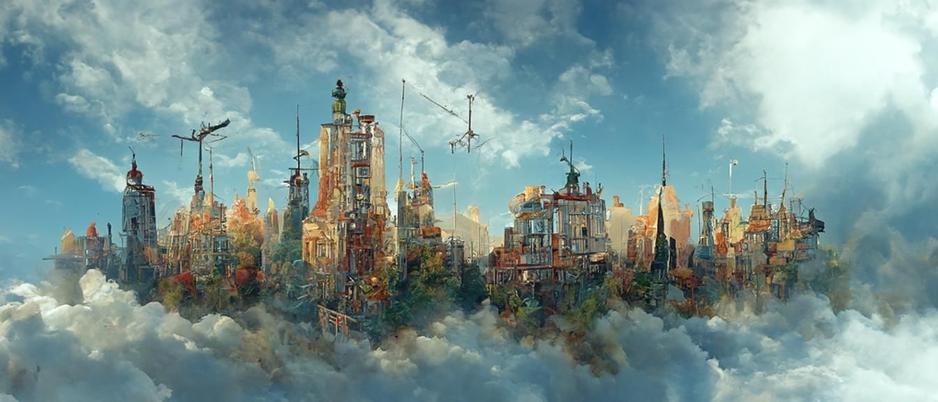 Steampunk Flying City with Gardens and Lights