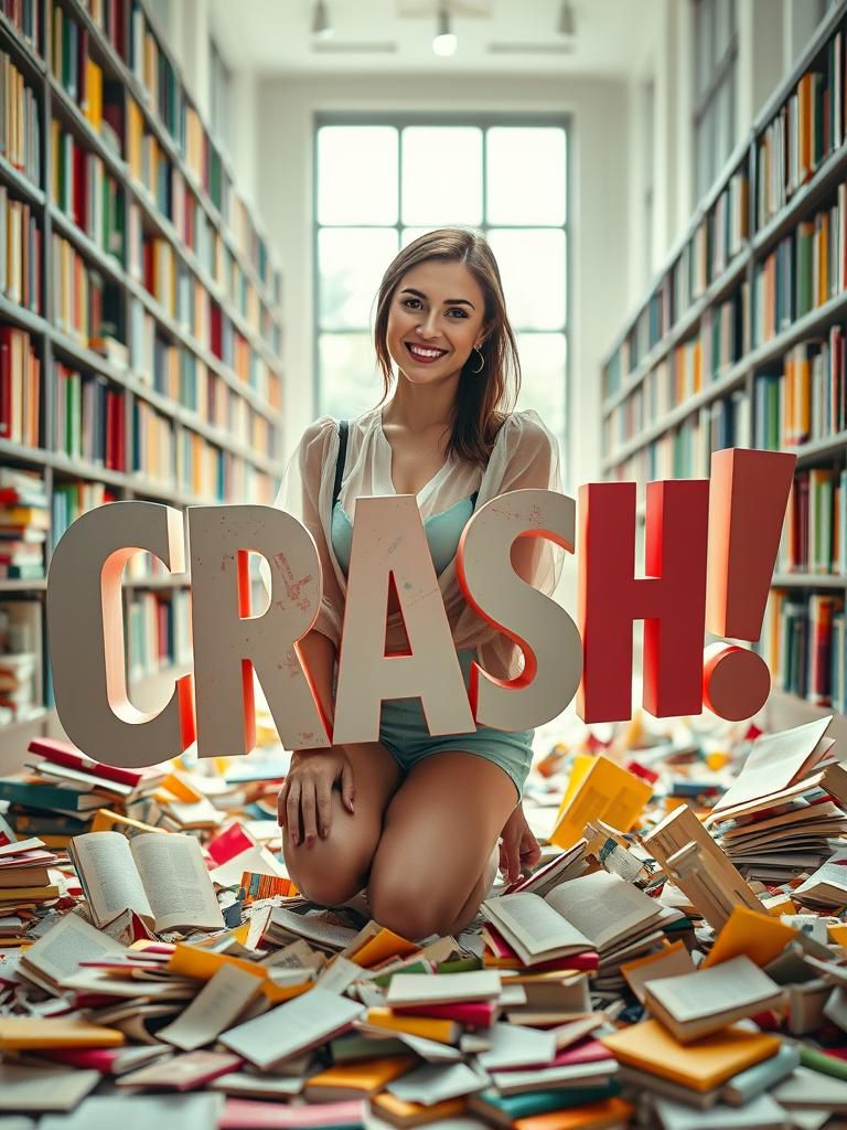 Library Scene with 'Crash!' Onomatopoeia, Surreal Art