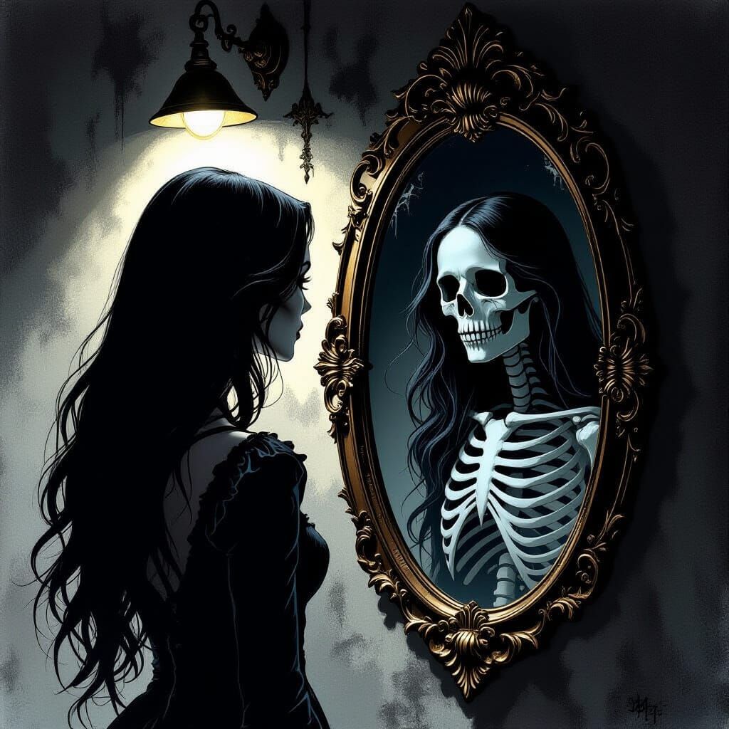 Woman Sees Skeleton in Mirror: Dark Fantasy Art