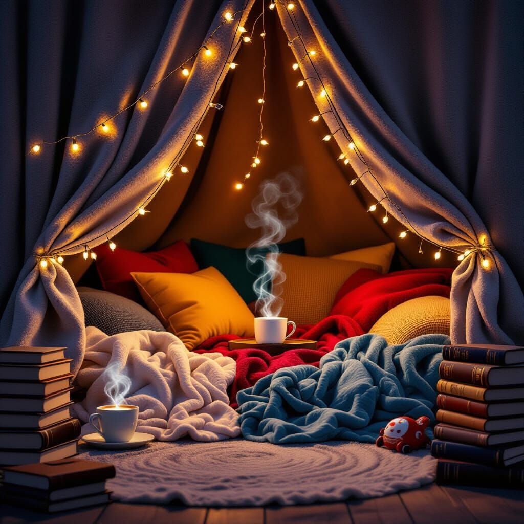 Cozy Blanket Fort with Books and Hot Cocoa