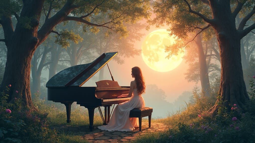 Dreamy Forest Piano Concerto Under Moonlight and Sunset