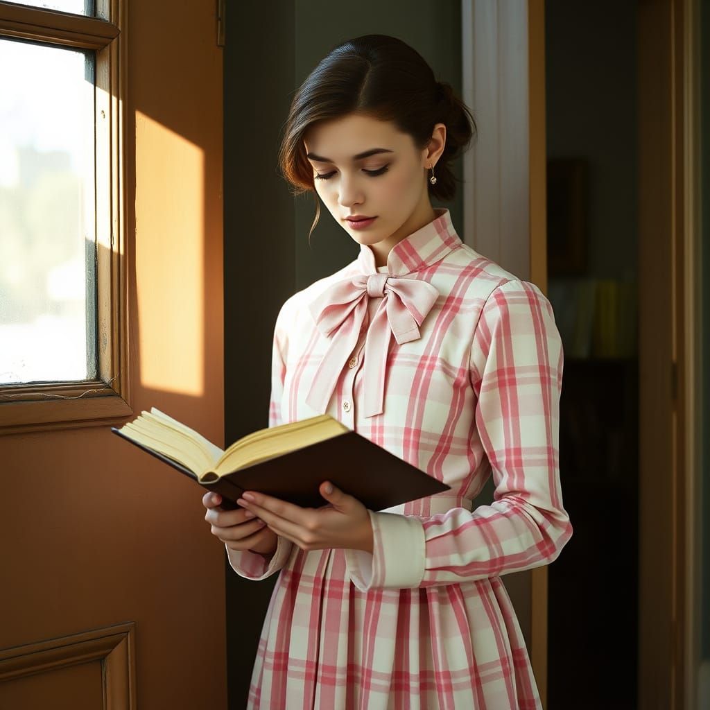 Elegant Victorian-Inspired Girl Reads in a Classroom Setting