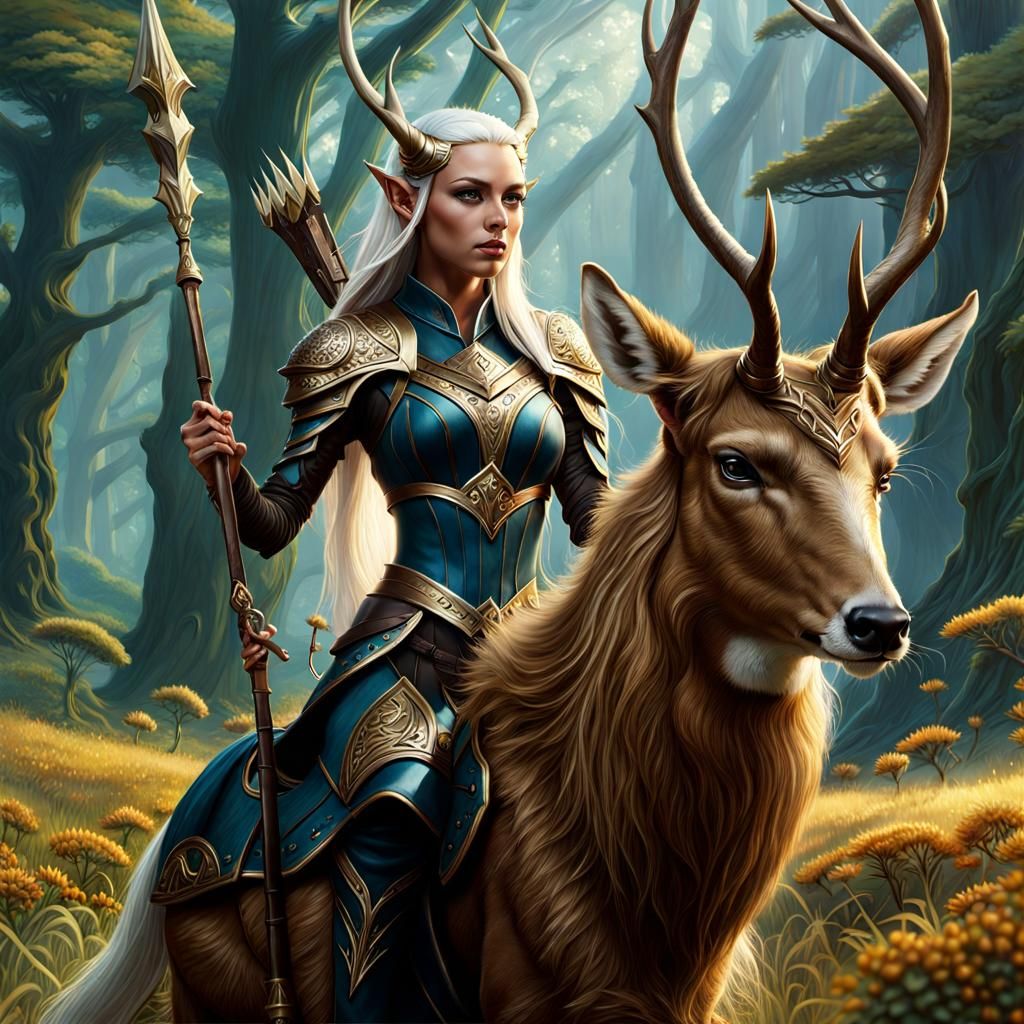 High Elf Huntress Riding Deer in Enchanted Field