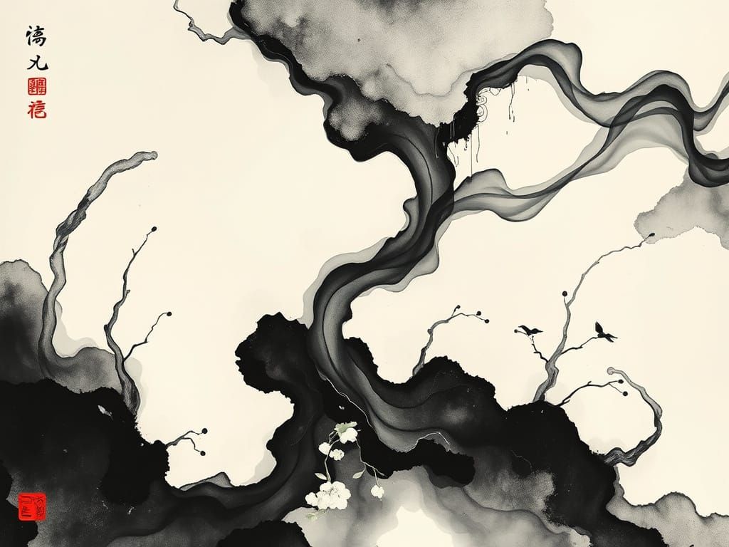Ethereal Japanese Sumi-e Landscape with Abstract Patterns