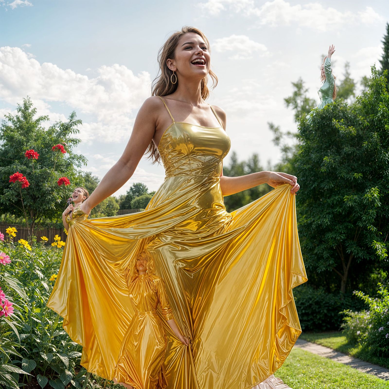 Beautiful Woman Singing in Garden Latex Dress