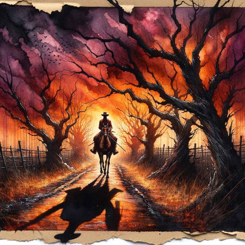 South Asian Cowboy Rides into a Haunting Crimson Sunset