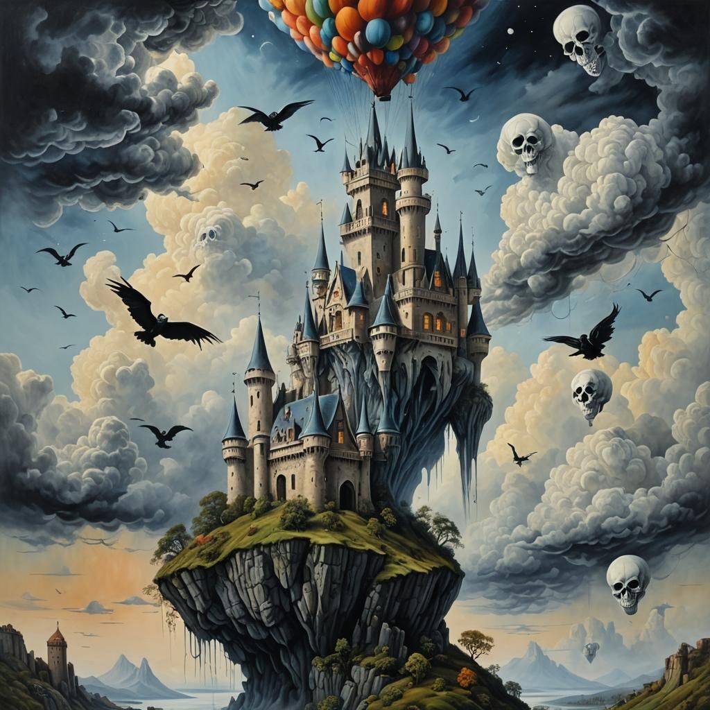 Surreal Floating Castle with Skulls in Acrylic Painting