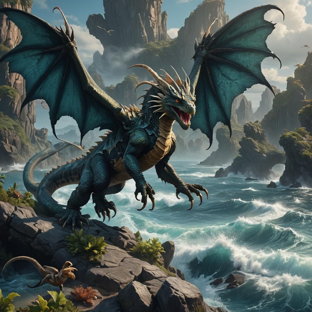 Giant Basilisk Ready to Fly from Blue Tears Ocean